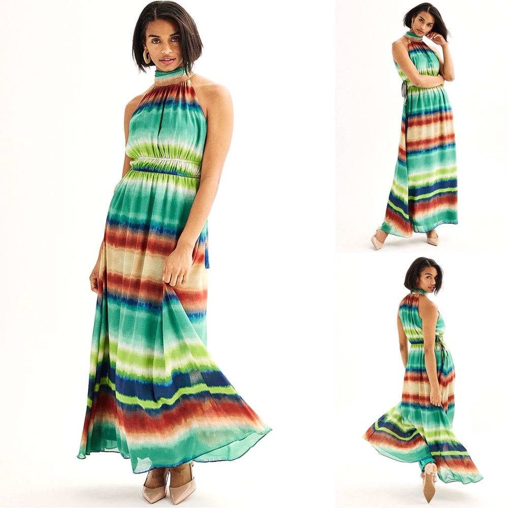 TAYLOR Chiffon Striped Maxi Dress Halter Mock Neck Sleeveless Tie Side Pockets
